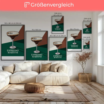 Stylischer Espresso Martini Poster grün und braun kunstvoll illustriert