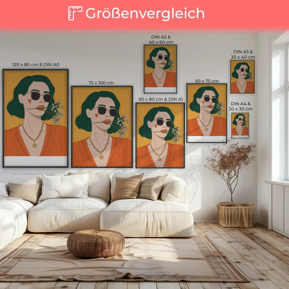 Stilvolles Poster mit Frau in Orangener Bluse und Gelben Hintergrund