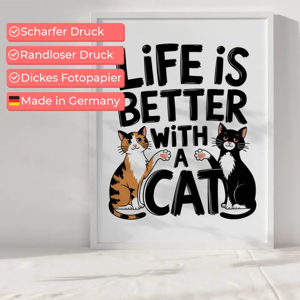 Poster mit weißer Katze und rotem Regenschirm für gemütliche Wohnräume