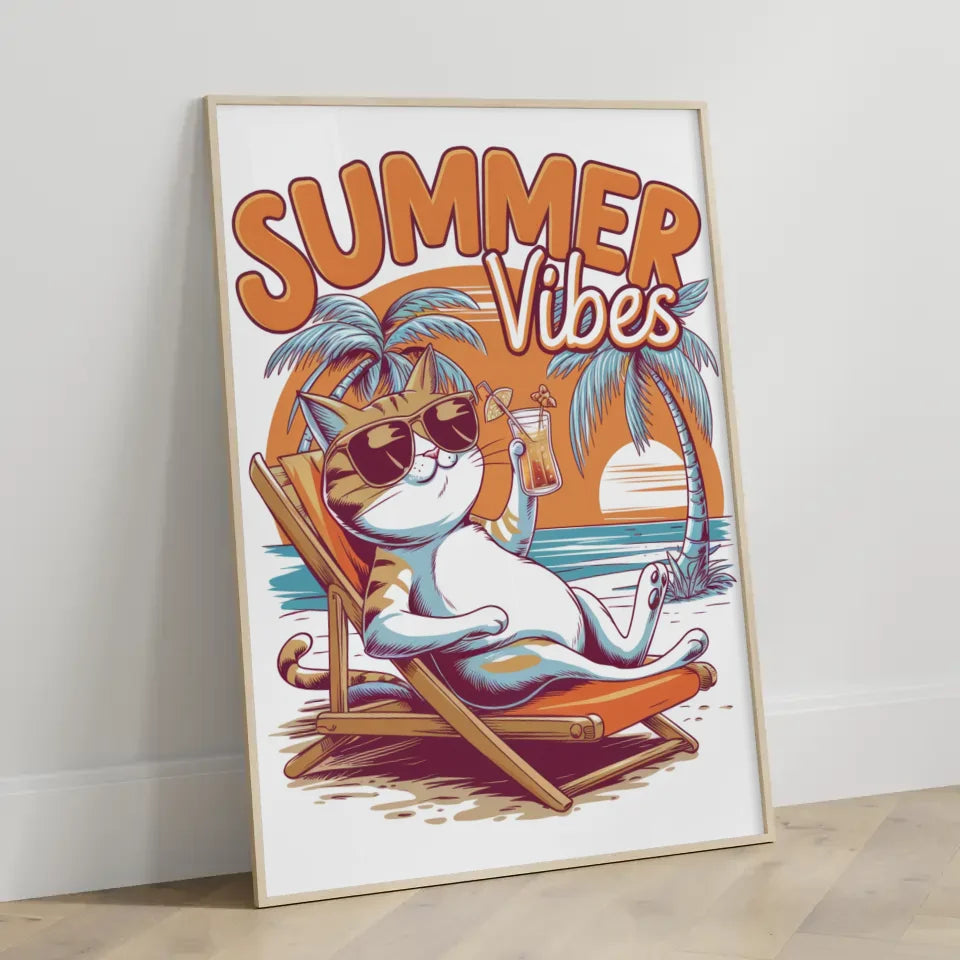 Poster mit coole Katze im Strandkorb und Sonnenuntergang Sommer Vibes