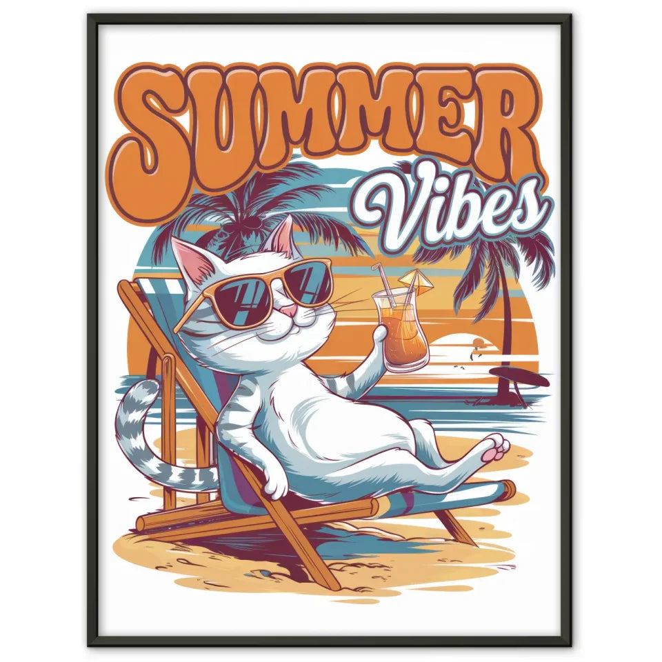 Poster mit coole Katze im Strandkorb und Sonnenuntergang Sommer Vibes