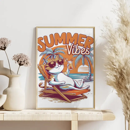 Poster mit coole Katze im Strandkorb und Sonnenuntergang Sommer Vibes