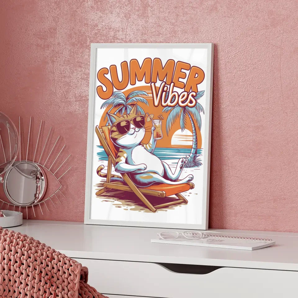 Poster mit coole Katze im Strandkorb und Sonnenuntergang Sommer Vibes