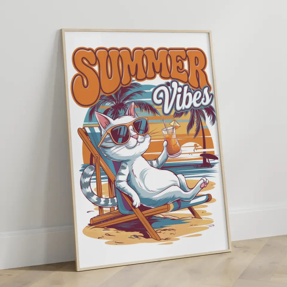 Poster mit coole Katze im Strandkorb und Sonnenuntergang Sommer Vibes