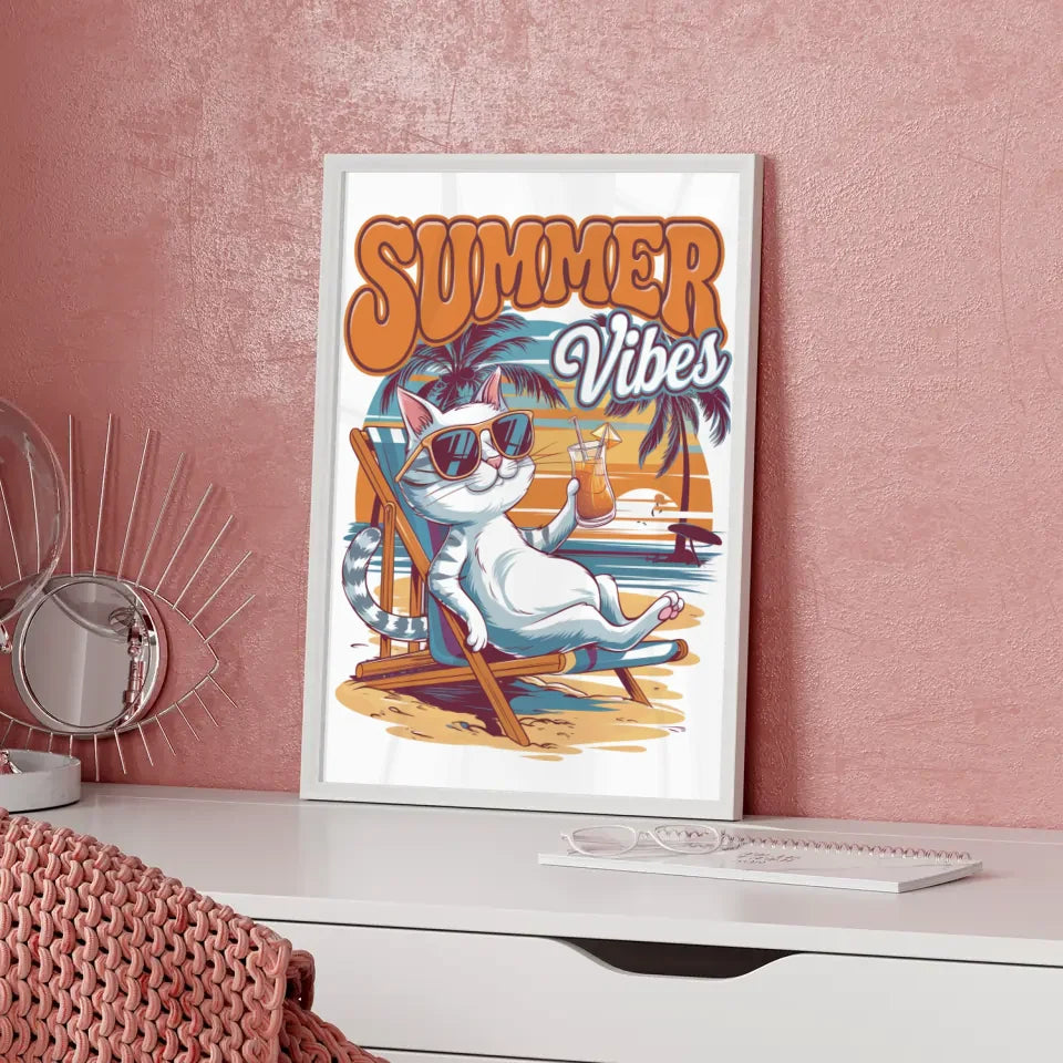 Poster mit coole Katze im Strandkorb und Sonnenuntergang Sommer Vibes