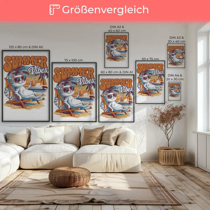 Poster mit coole Katze im Strandkorb und Sonnenuntergang Sommer Vibes