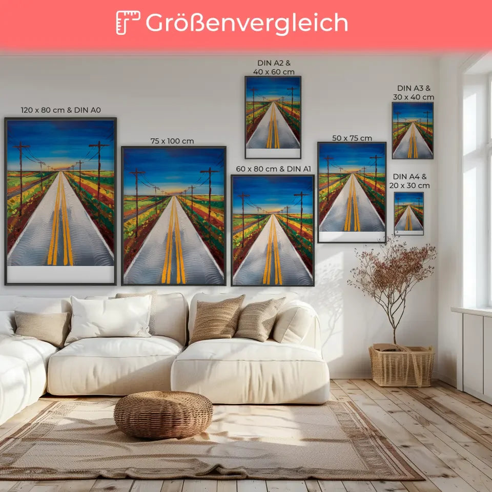 Lebhaftes Poster einer bunten Straße mit Himmel und Landschaftsmotiv 7