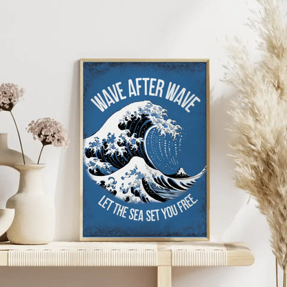 Poster mit blauer Welle und dem Motiv WAVE AFTER WAVE für jeden Raum