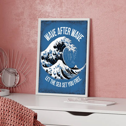 Poster mit blauer Welle und dem Motiv WAVE AFTER WAVE für jeden Raum