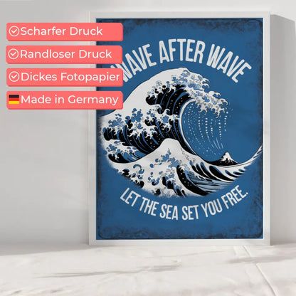 Poster mit blauer Welle und dem Motiv WAVE AFTER WAVE für jeden Raum