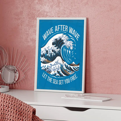 Poster Welle dynamisch lebendig mit Spruch let the sea set you free