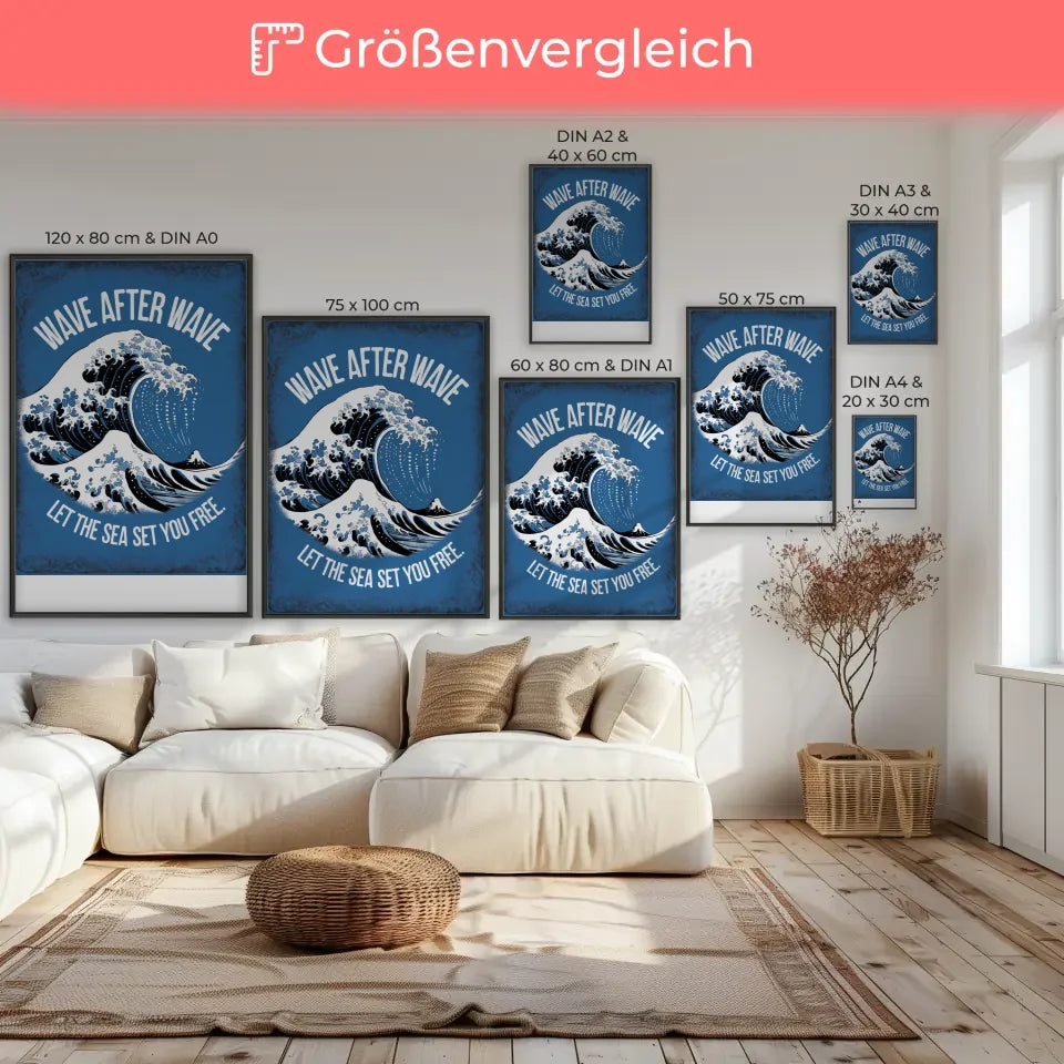 Poster mit blauer Welle und dem Motiv WAVE AFTER WAVE für jeden Raum