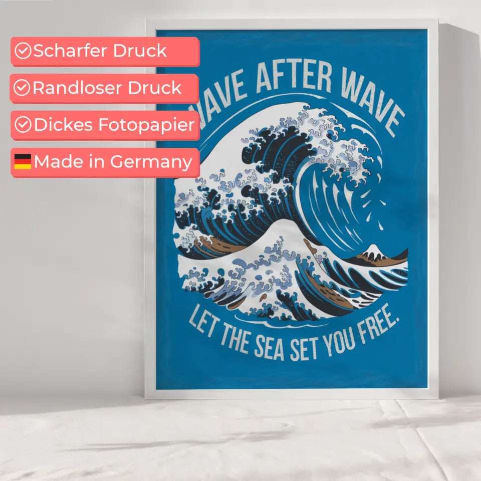 Poster Welle dynamisch lebendig mit Spruch let the sea set you free