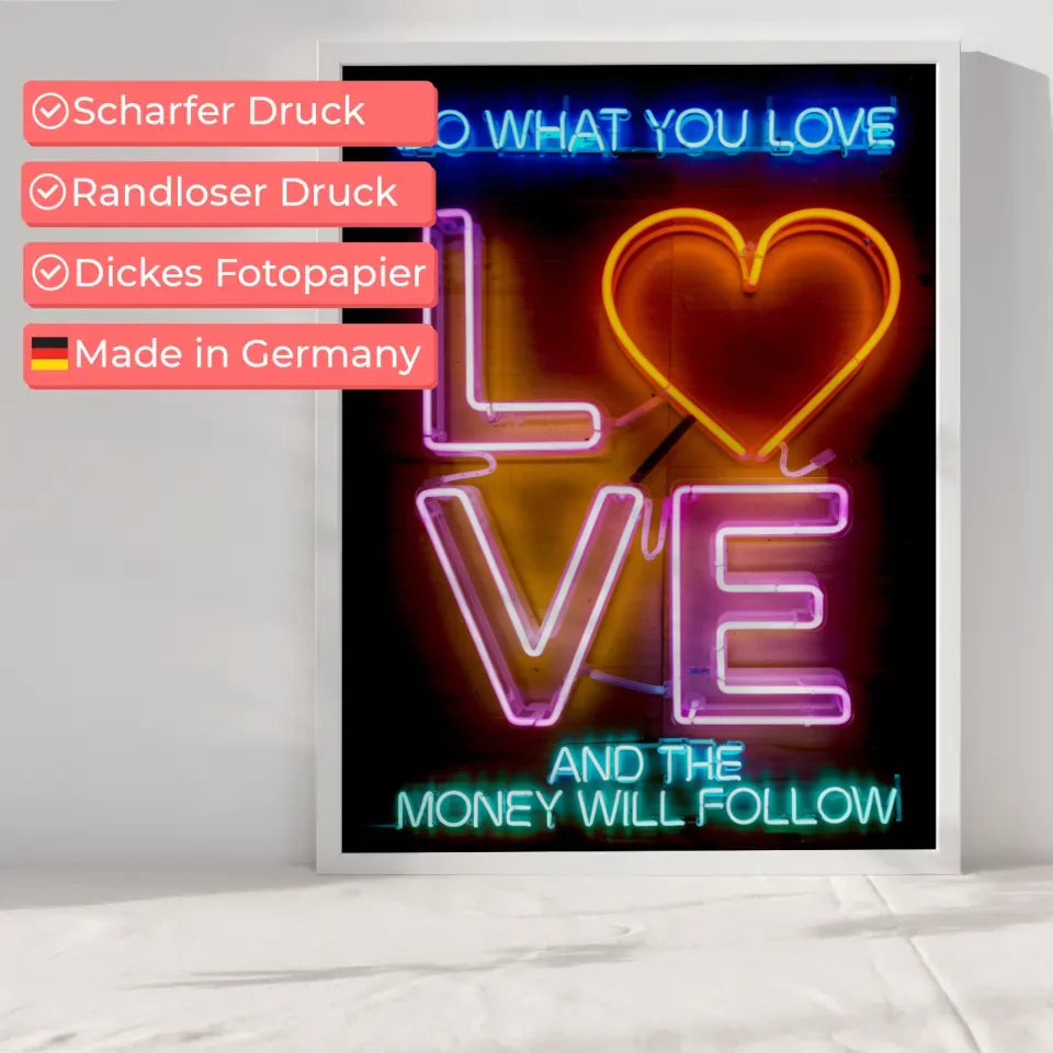 Poster mit Leuchtreklame LOVE in Rosa und Orange für dein Zuhause