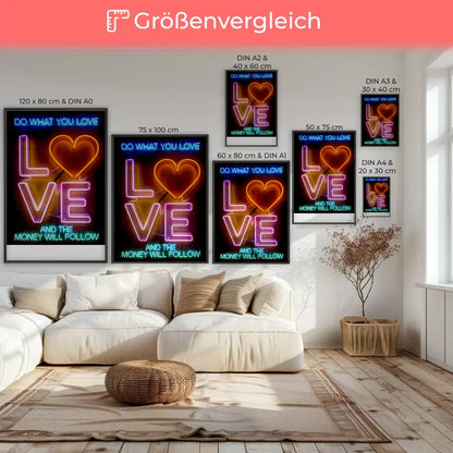 Poster mit Leuchtreklame LOVE in Rosa und Orange für dein Zuhause