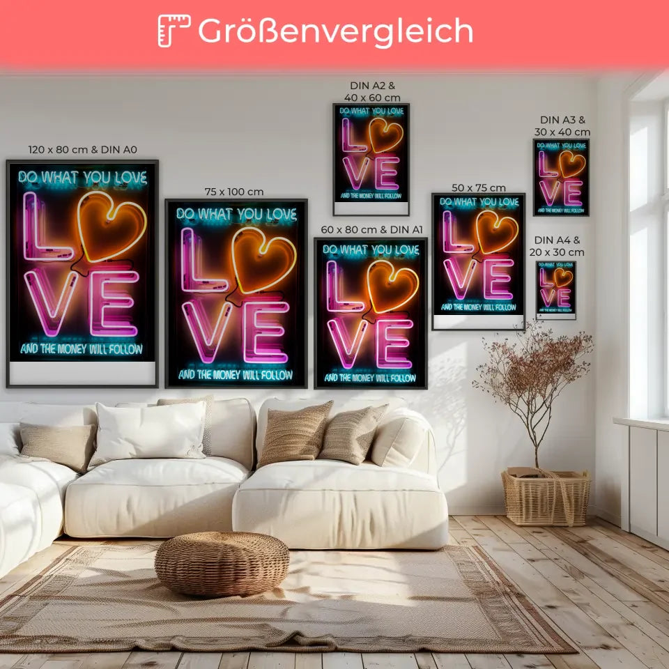 Poster mit leuchtender LOVE Leuchtreklame in Rosa und Orange