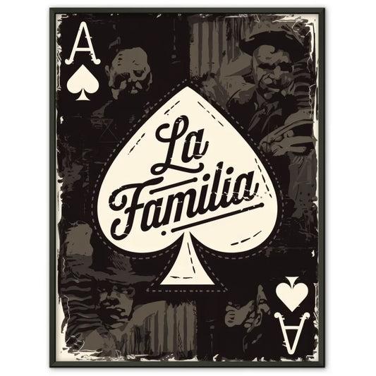 Vintage Chicano Poster La Familia mit distressed Design und Gangsterelementen