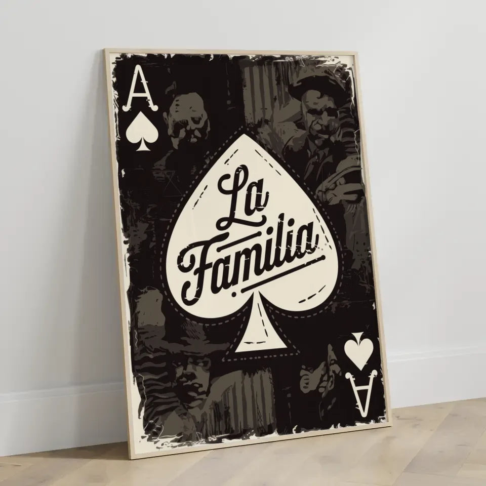 Vintage Chicano Poster La Familia mit distressed Design und Gangsterelementen