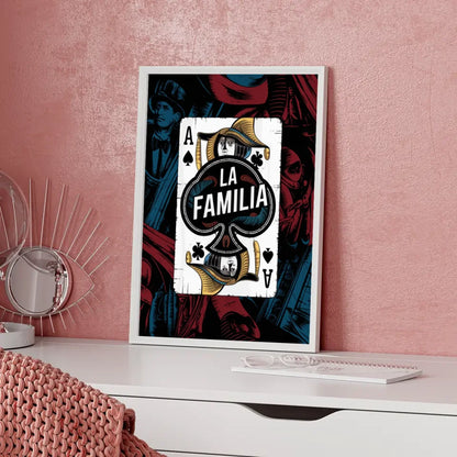 Vintage Chicano Poster La Familia mit distressed Design und Gangsterelementen