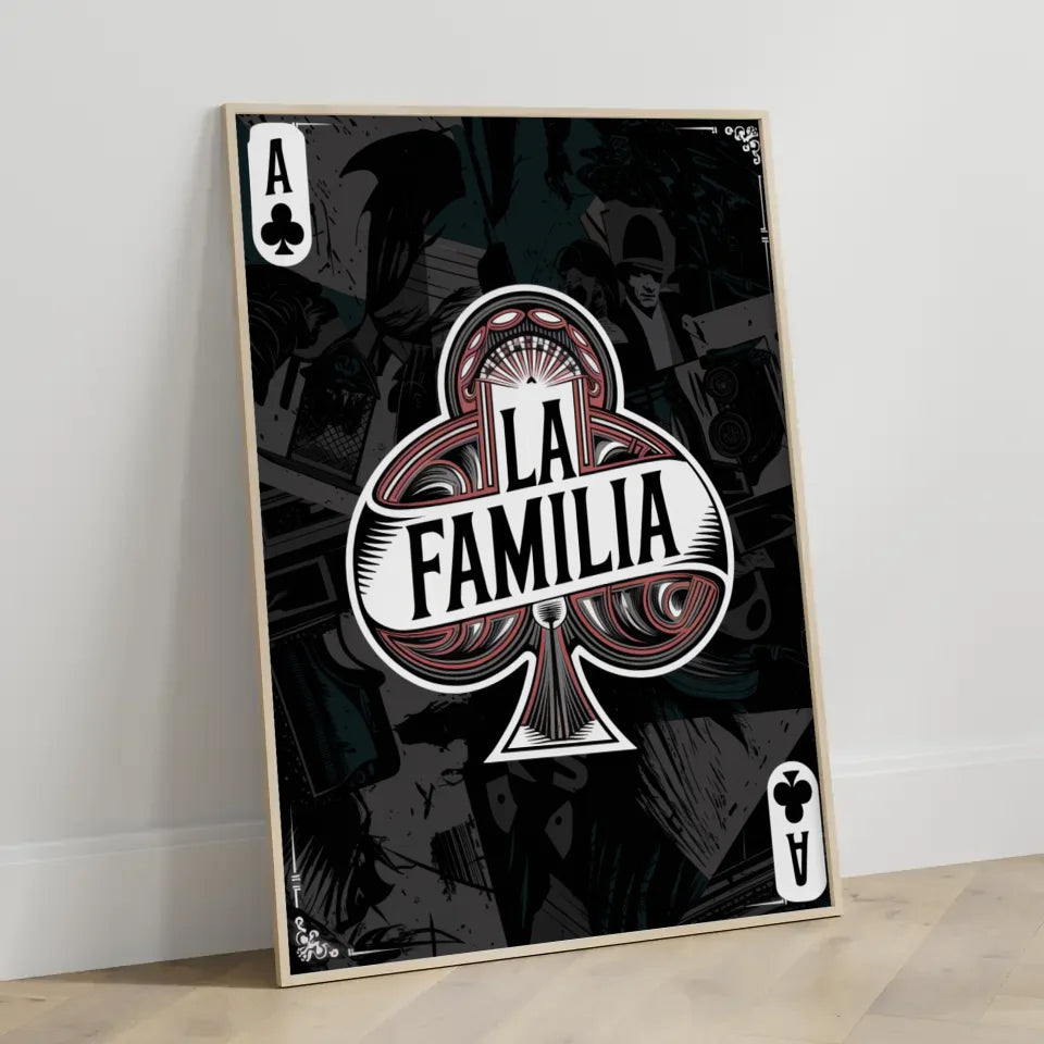 Vintage Chicano Poster La Familia mit distressed Design und Gangsterelementen