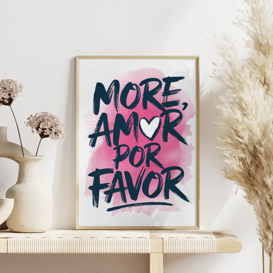 Poster MORE AMOR POR FAVOR Aquarell Illustration mit rosa Hintergrund