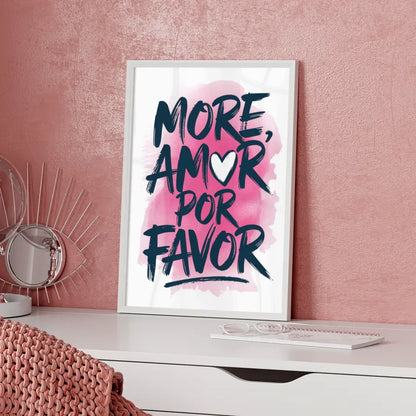 Poster MORE AMOR POR FAVOR Aquarell Illustration mit rosa Hintergrund