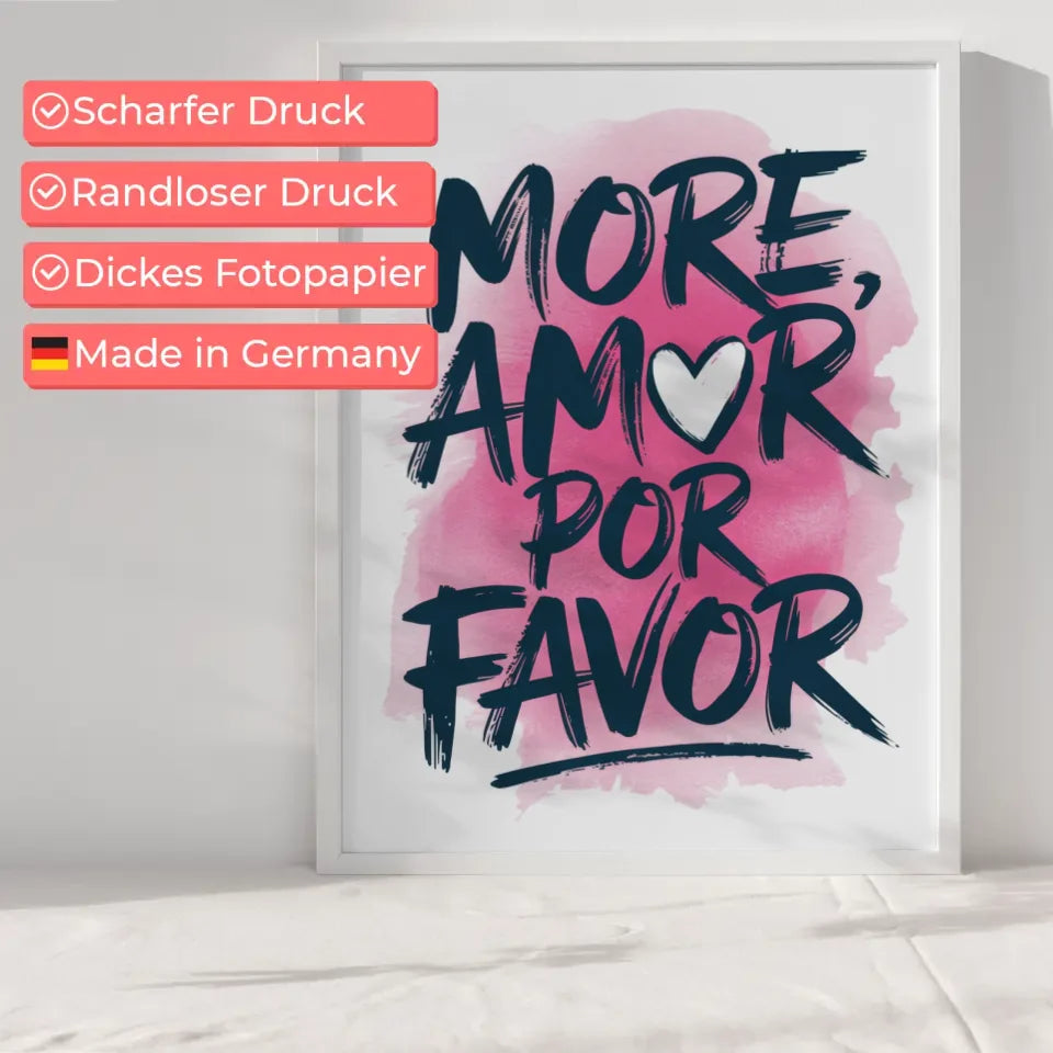 Poster MORE AMOR POR FAVOR Aquarell Illustration mit rosa Hintergrund