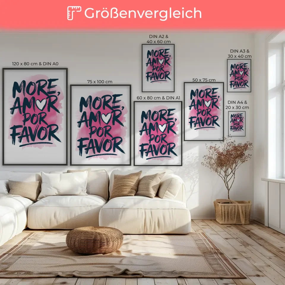 Poster MORE AMOR POR FAVOR Aquarell Illustration mit rosa Hintergrund