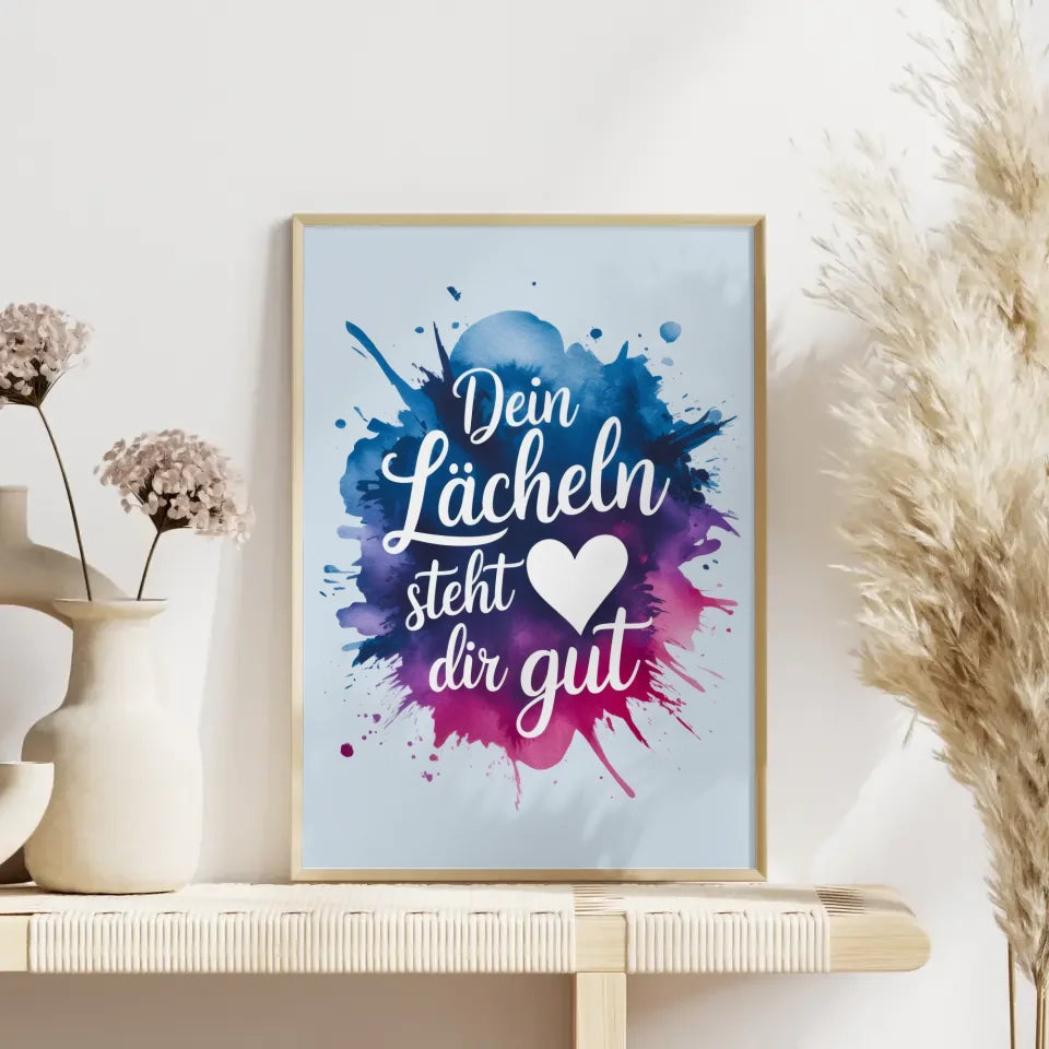 Poster Dein Lächeln steht dir gut Aquarellspritzer in Blau Rosa