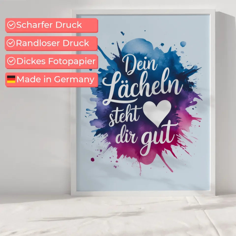 Poster Dein Lächeln steht dir gut Aquarellspritzer in Blau Rosa