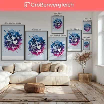 Poster Dein Lächeln steht dir gut Aquarellspritzer in Blau Rosa