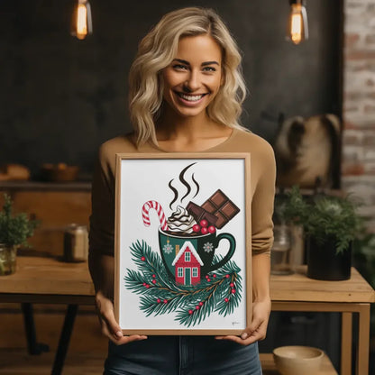 Weihnachtsposter mit Tasse und Zuckerstange in festlichem Design