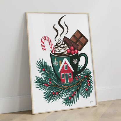 Weihnachtsposter mit Tasse und Zuckerstange in festlichem Design