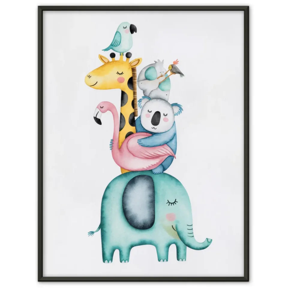 Skurriles Poster mit Aquarell Tieren Elefant Giraffe Koala Flamingo