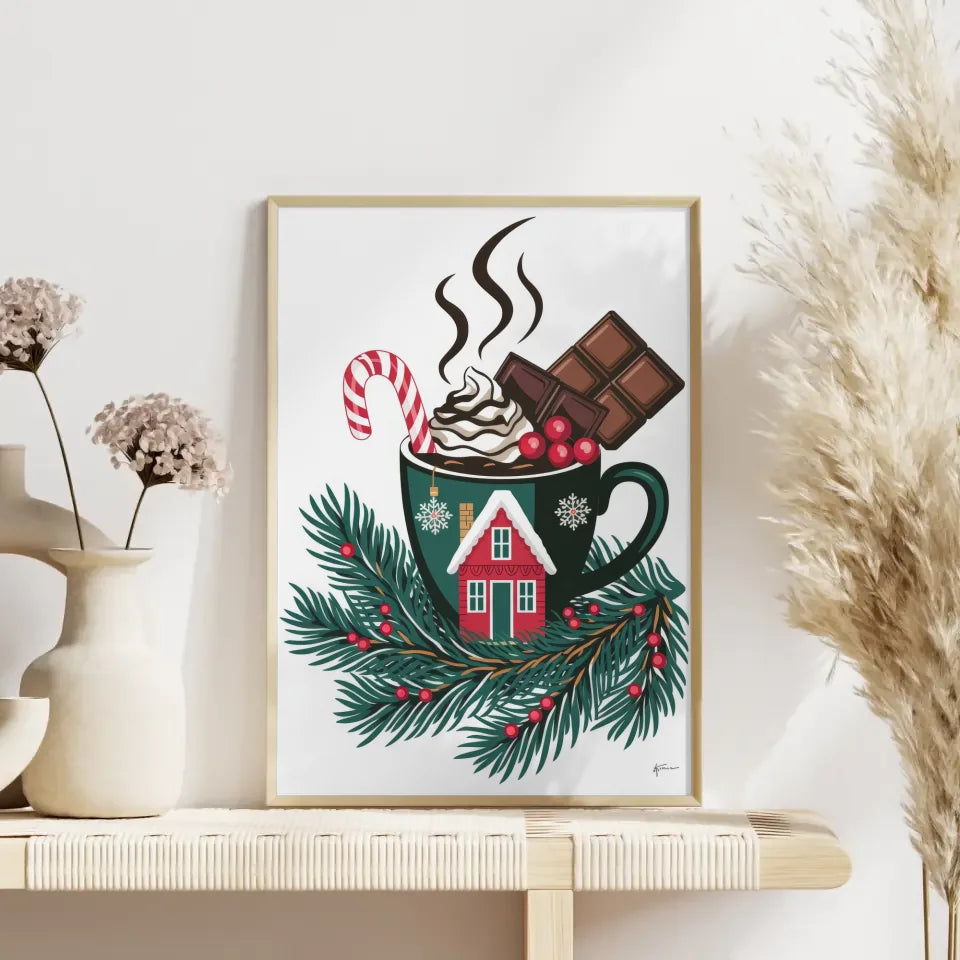 Weihnachtsposter mit Tasse und Zuckerstange in festlichem Design