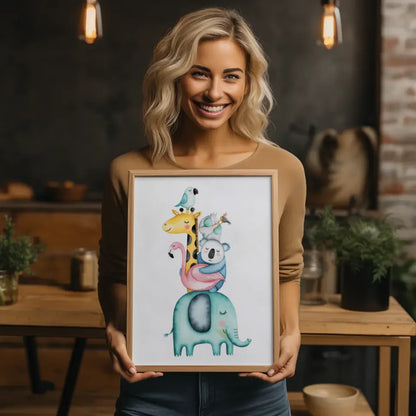 Skurriles Poster mit Aquarell Tieren Elefant Giraffe Koala Flamingo