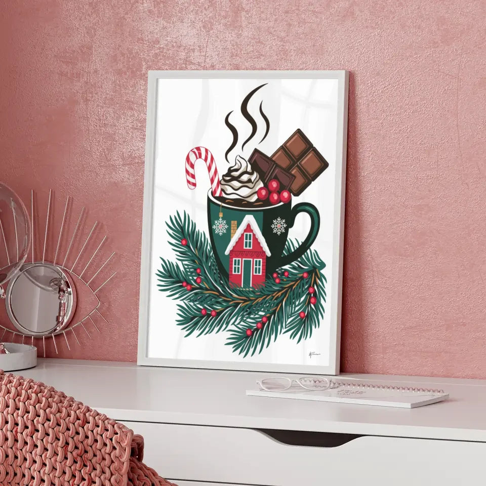 Weihnachtsposter mit Tasse und Zuckerstange in festlichem Design