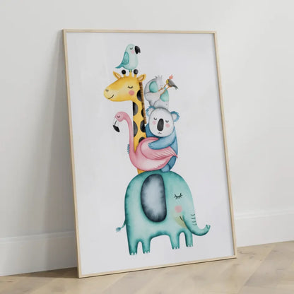 Skurriles Poster mit Aquarell Tieren Elefant Giraffe Koala Flamingo