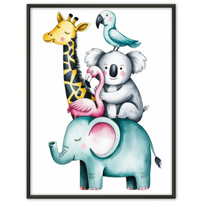 Skurriles Poster mit Aquarell Tieren Elefant Giraffe Koala Flamingo