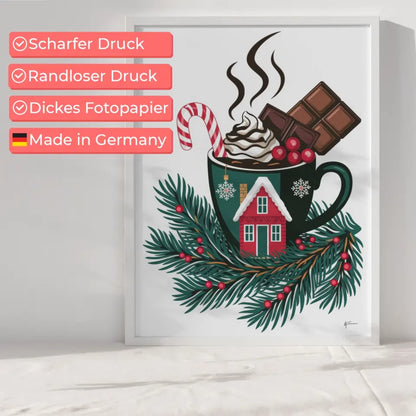 Weihnachtsposter mit Tasse und Zuckerstange in festlichem Design