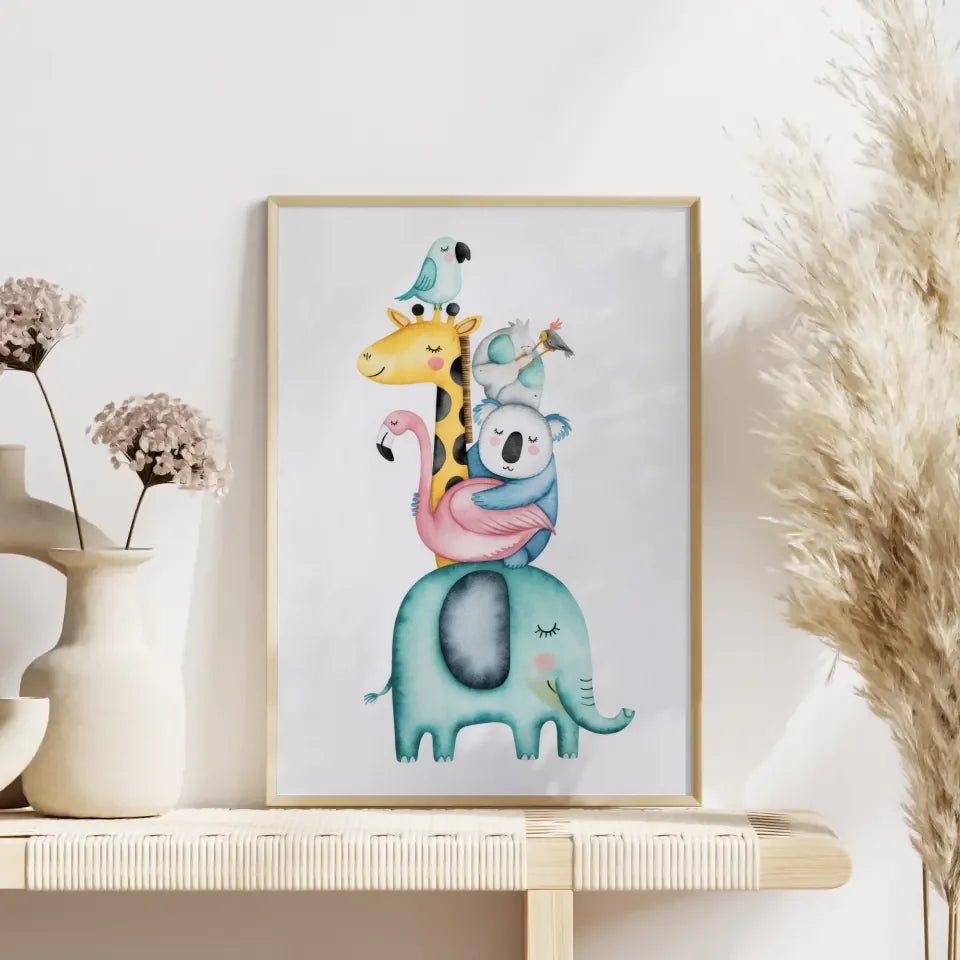 Skurriles Poster mit Aquarell Tieren Elefant Giraffe Koala Flamingo