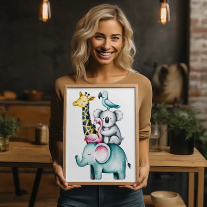 Skurriles Poster mit Aquarell Tieren Elefant Giraffe Koala Flamingo