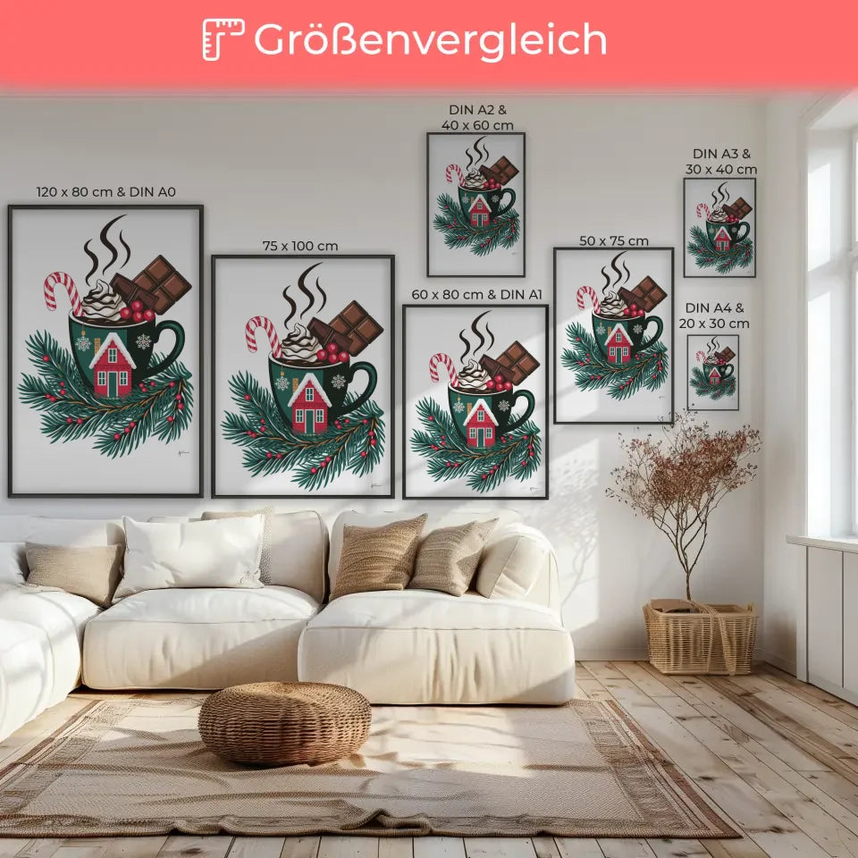 Weihnachtsposter mit Tasse und Zuckerstange in festlichem Design