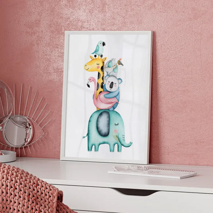 Skurriles Poster mit Aquarell Tieren Elefant Giraffe Koala Flamingo