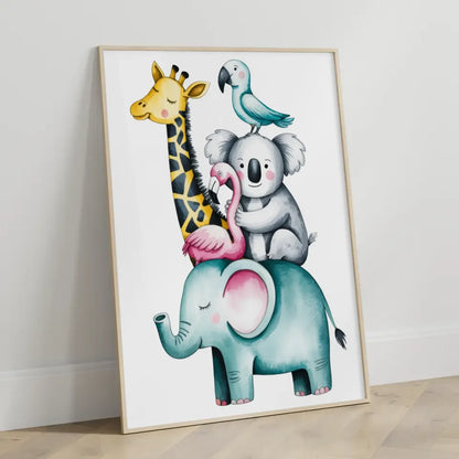 Skurriles Poster mit Aquarell Tieren Elefant Giraffe Koala Flamingo