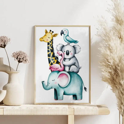 Skurriles Poster mit Aquarell Tieren Elefant Giraffe Koala Flamingo