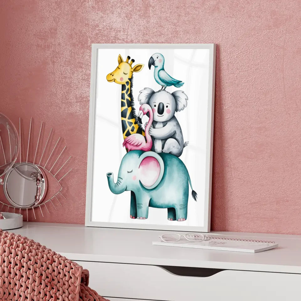 Skurriles Poster mit Aquarell Tieren Elefant Giraffe Koala Flamingo