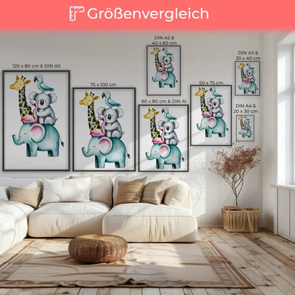 Skurriles Poster mit Aquarell Tieren Elefant Giraffe Koala Flamingo