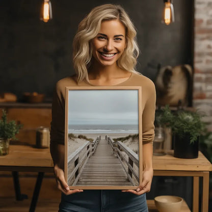 Poster Holzsteg am Strand mit Dünen und Ozeanmotiv für deine Wanddeko