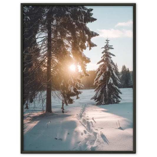 Verschneites Landschafts Poster Sonnenaufgang mit Bäumen und Fußspuren